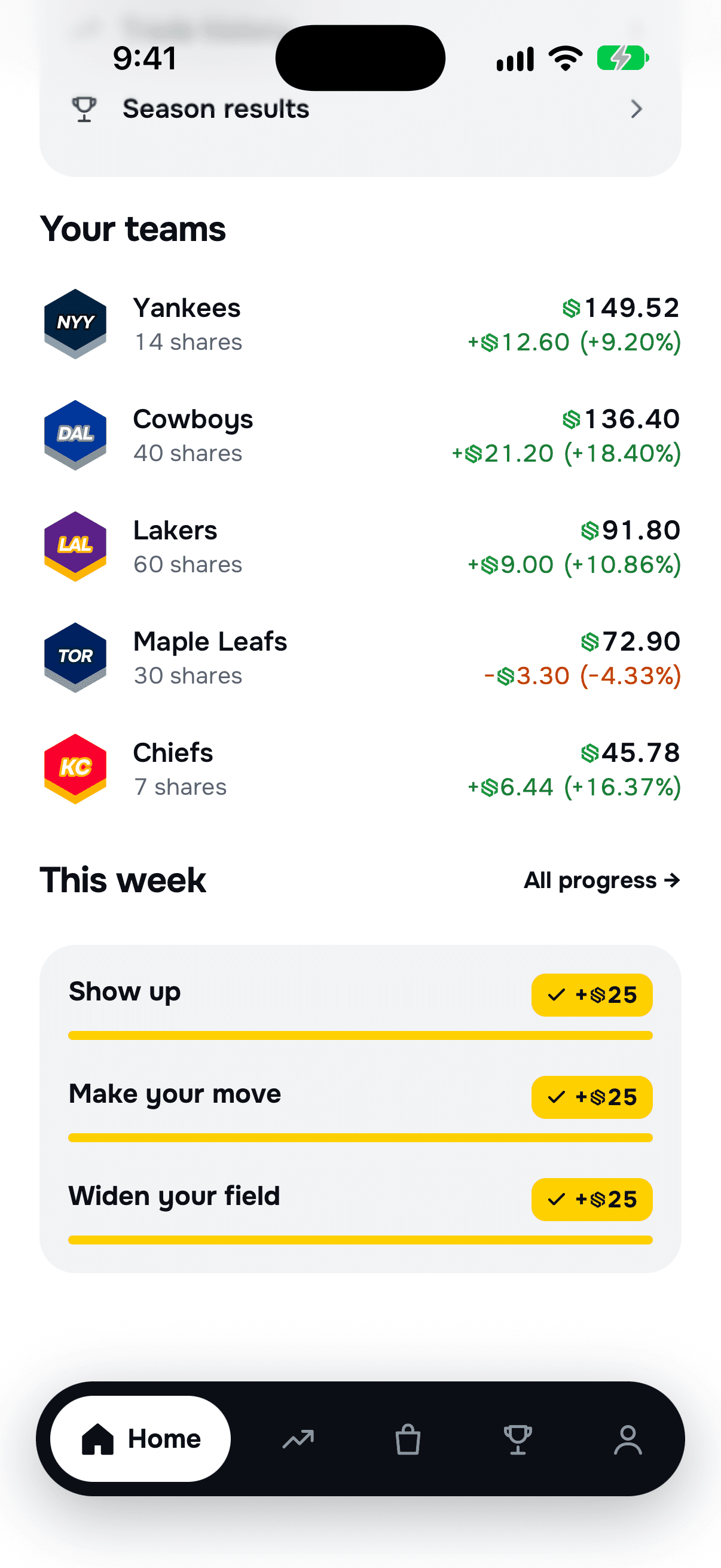 Sporty Stocks Your teams screen: Yankees, Cowboys, Lakers, Maple Leafs and Chiefs with share values and gains, plus weekly challenges